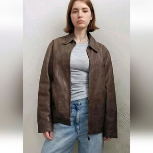 Henry Cottons Unisex Brown Distressed Leather Full Zip Lined Jacket Coat! M